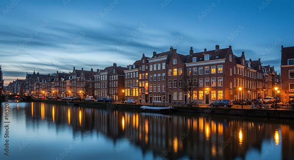 Obraz premium Glowing Haarlem Canal Houses at Twilight, Mirrored in the Calm Water.