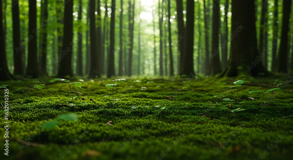 Fototapeta premium Tiny Seedlings Emerge on a Lush Mossy Carpet in a Sunlit Forest