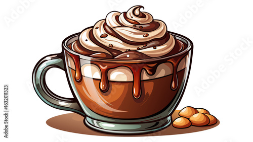 A rich café mocha rests in a clear glass mug. Whipped cream swirls elegantly on top. Chocolate syrup drizzles gently, adding depth, warmth, and sweet, delicious aromatic beauty.