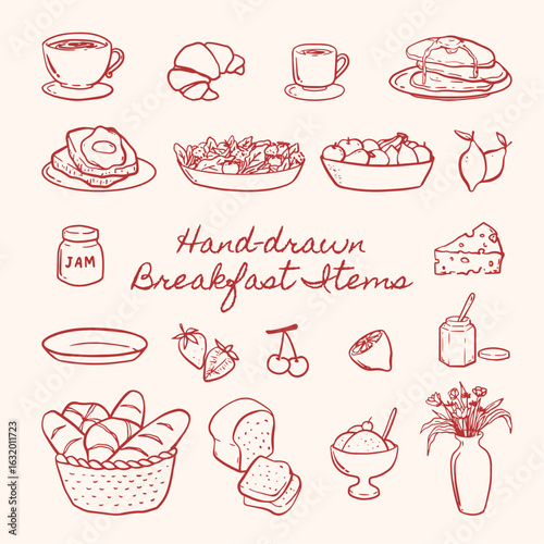 Hand-drawn breakfast elements set. Minimalist hand-drawn food and drink outline sketches for cafe and restaurant menu illustrations.