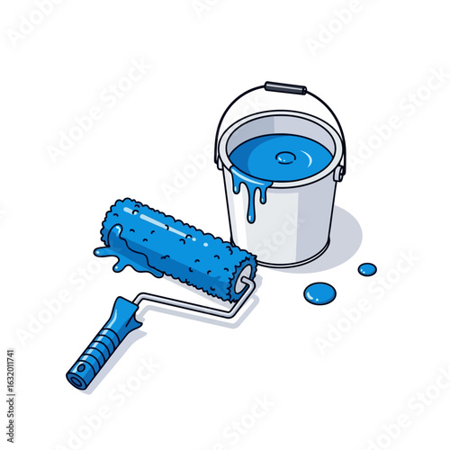 Illustration of a paint roller and a bucket filled with blue paint, with drips, isolated on a white background.