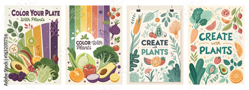 Set of four posters with vibrant fruit and vegetable illustrations