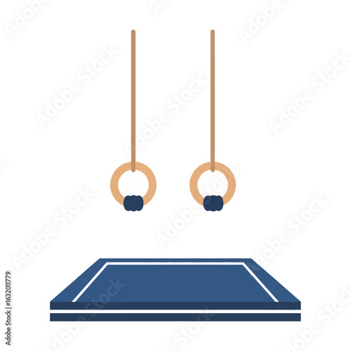 Illustration of gymnastic rings hanging above a blue and white mat, ready for an athletic routine.