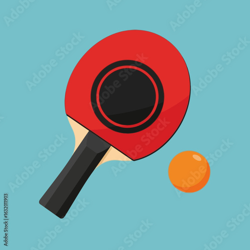 A red ping pong paddle with a black center and a small orange ping pong ball on a light blue background.