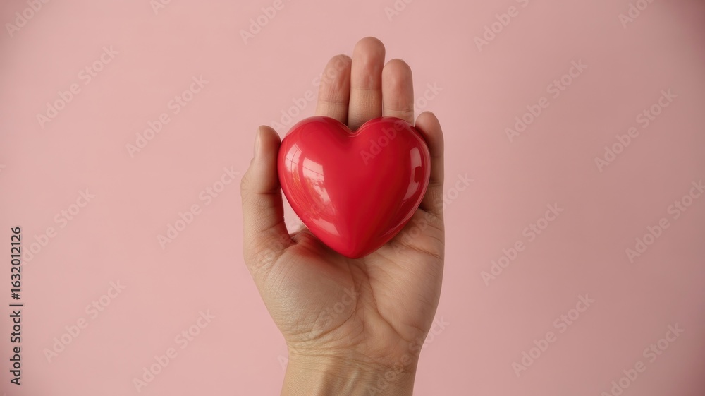 Fototapeta premium A hand holds a bright red glossy heart against a soft pink background 2025 2026 4k full hd download image