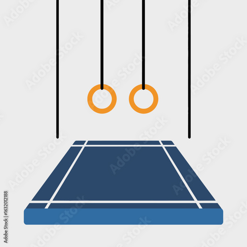 Illustration of gymnastic rings hanging above a blue mat with white borders, representing a training area.