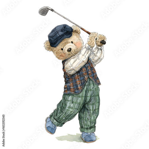 A teddy bear, dressed in golf attire, swings a golf club. It wears a hat and plaid clothing, posed against a white background. The watercolor illustration is charming.