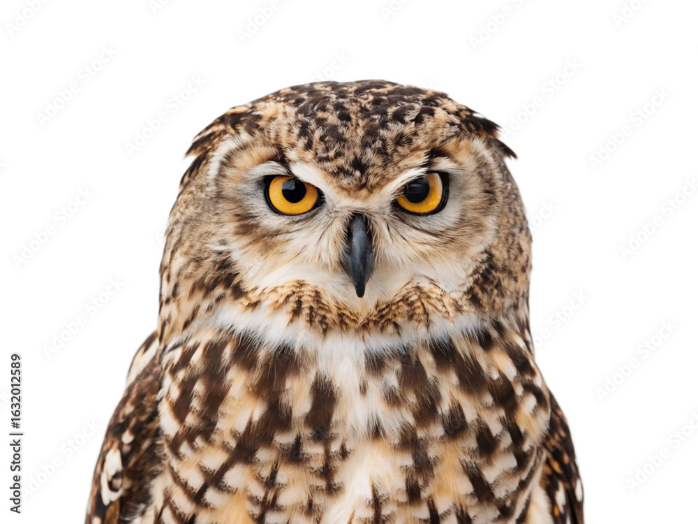 Naklejka premium Intense Owl Portrait: Sharp Focus, Fierce Gaze, Isolated Black Background