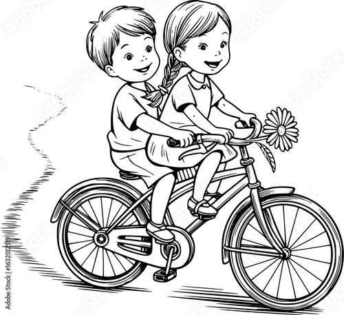 Joyride Adventure: Two young children experience shared joy as they ride a tandem bike together, filled with innocent fun
