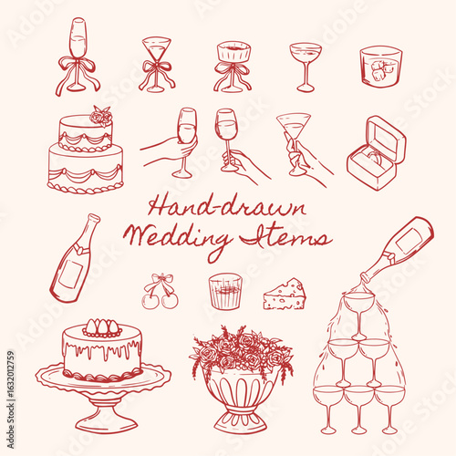 Set of hand drawn whimsical wedding elements. Vector illustration wedding outline sketch for wedding invitation, cards, anniversary and bachelorette party