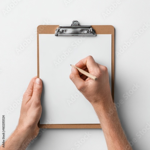 Overhead view of hands holding a clipboard with blank paper and pencil