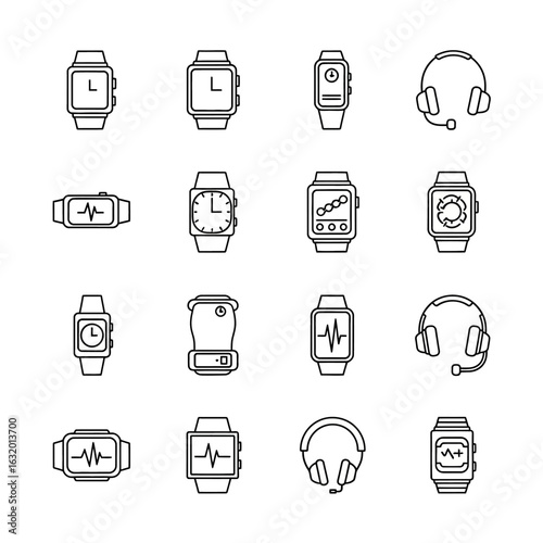 Minimalist outline icon set of smartwatches fitness trackers and audio headsets.
