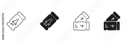 Airplane Ticket Icon Set. Travel Booking, Flight Reservation, And Airline Ticketing Silhouette Symbol Collection. Aviation And Tourism Concept. Isolated Vector Illustration