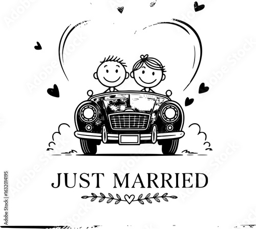 Sweetheart's Ride: Capturing the romance and joy of a newlywed couple embarking on their journey, illustrated with a charming sketch of a classic car.