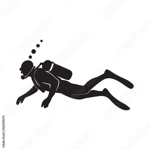 Scuba Diver Silhouette Vector – Underwater Swimming Icon Illustration

