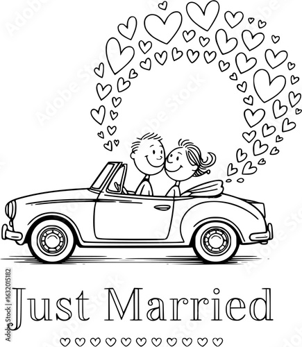 Love's Joyride:  A delightful black-and-white cartoon depicts a newly married couple riding in a classic car, with a heart-shaped bubble showering them with affection. A symbol of pure romance.