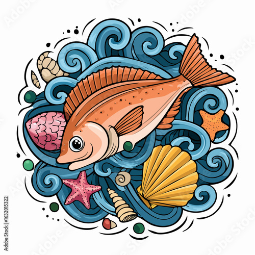 Underwater World Illustration: A Colorful Fish Amidst Waves and Seashells Creation