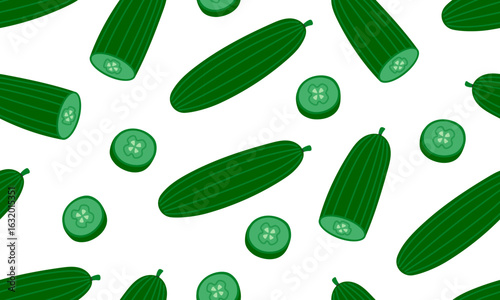 Seamless pattern with fresh cucumbers. Whole cucumber, chopped and slice. Vegetable background. Healthy vegetarian food. Hand drawn flat vector illustration