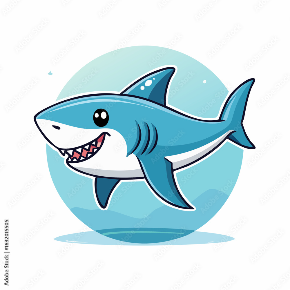 Obraz premium Playful Cartoon Shark Illustration with a Friendly Grin and Ocean Backdrop Design