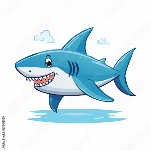 Cartoon Shark Swimming Happily Through the Ocean Waters with Smiling Face and Clouds