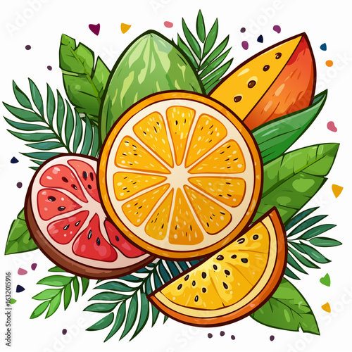 Vibrant tropical fruit arrangement with citrus, mango and foliage illustration