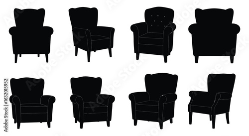 Collection of Armchair Silhouettes in Various Poses on White Background silhouette. vector design. Silhouette vector design illustration
