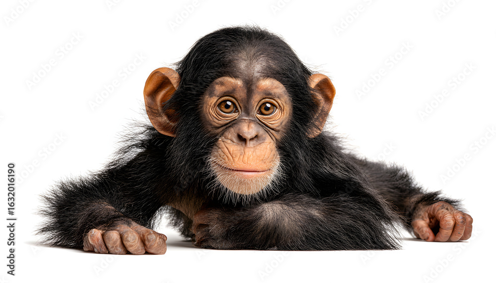 Fototapeta premium Adorable baby with wide curious eyes, soft fur and playful expression, sitting in a relaxed pose, isolated on white background.
