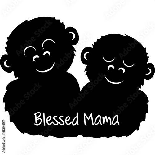 "Cute black and white family-themed cartoon design. Two monkeys – a larger one on the left holding a smaller one – appear in a gentle embrace. Their faces are joyful, eyes closed. Positioned below is 