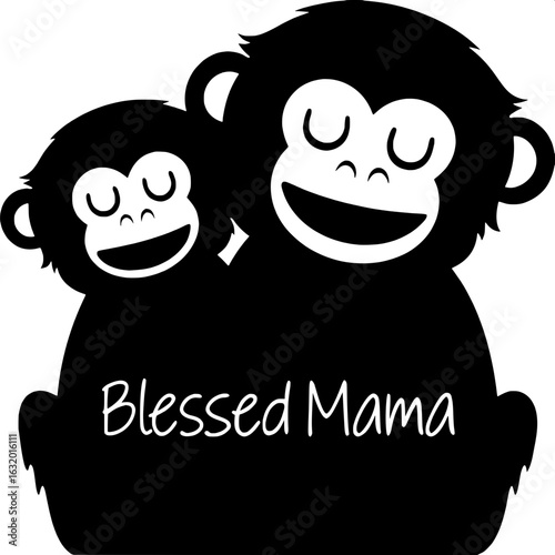 "Cute black and white family-themed cartoon design. Two monkeys – a larger one on the left holding a smaller one – appear in a gentle embrace. Their faces are joyful, eyes closed. Positioned below is 