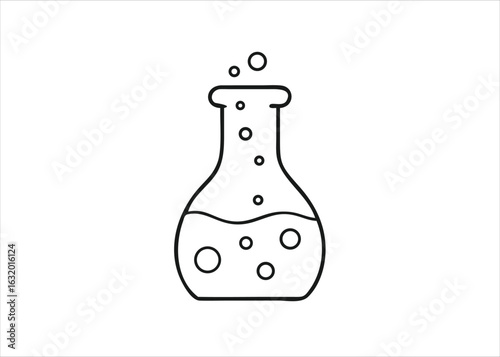 A detailed scientific laboratory flask illustration with effervescent bubbles rising presented as a clean graphic symbol isolated on white background