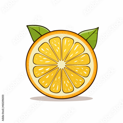 Bright and Refreshing Slice of Orange with Green Leaves in Cartoon Style Illustration