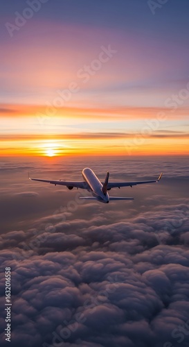 Jet plane soaring above a sea of clouds at sunset.