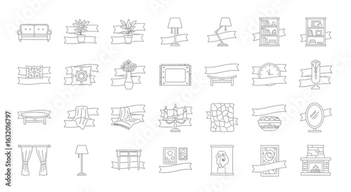 Simple Outline of a TwoSeater Sofa with Decorative Details and Ribbons.