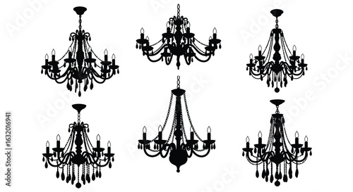 Elegant Chandelier Collection in Black Silhouette Style on White Background silhouette. vector design. Silhouette vector design illustration
