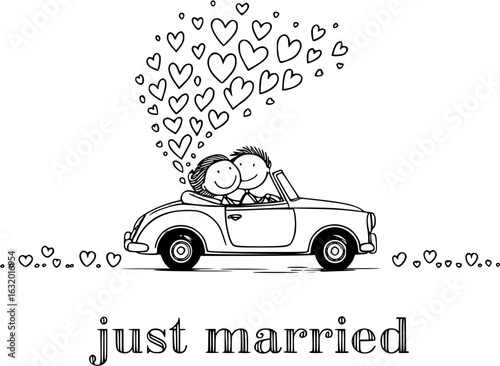 Just Married Couple's Joyride: An adorable hand-drawn illustration showcases a newlywed couple in a vintage convertible.