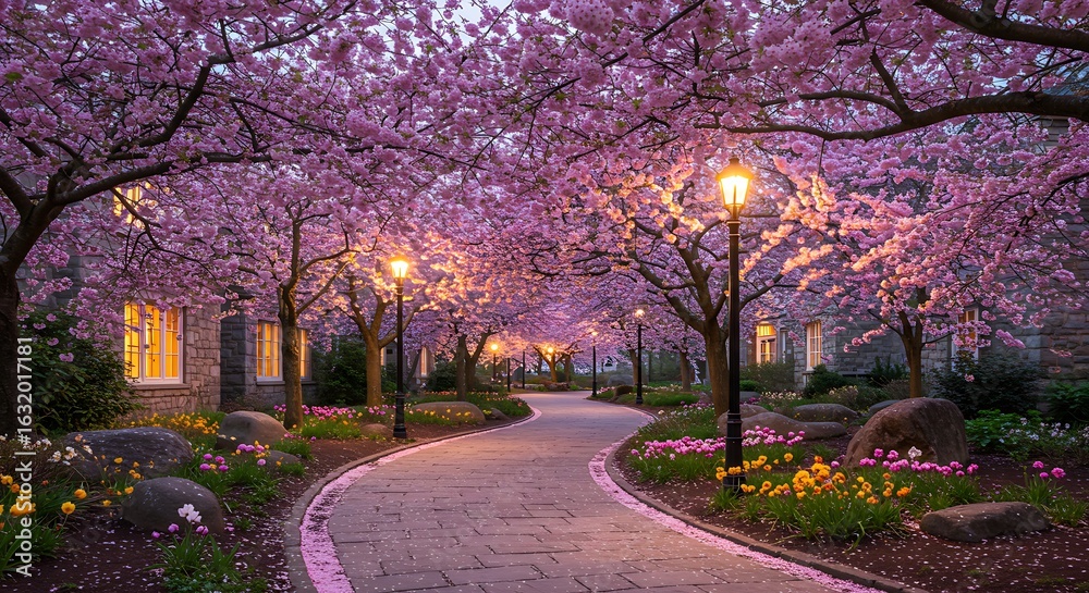 Fototapeta premium Enchanted Twilight Path Lined with Glowing Lampposts and Pink Sakura