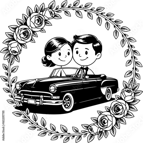Wedding Day Drive: A charming illustration depicts a newlywed couple joyfully cruising in a classic convertible, framed by a romantic floral wreath. Celebrate the start of their life journey!