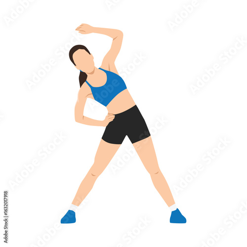 Woman in athletic wear performs a side stretch with legs apart and one arm overhead. Flat vector illustration isolated on white background