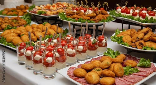 Elegant Buffet Spread with Assorted Hors d'Oeuvres and Caprese Shooters
