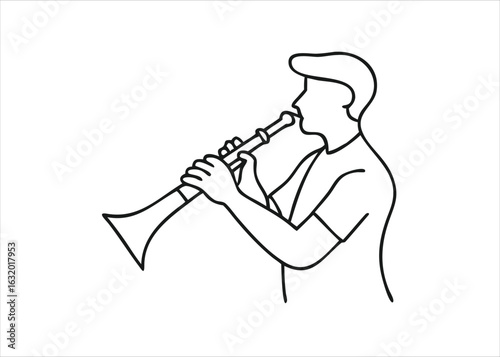 Artistic single line drawing of a musician playing a clarinet a fluid and expressive illustration captured in a continuous stroke presented isolated on white background