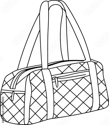 Quilted duffel bag, stylish travel accessory, CAD drawing, flat vector illustration, fashion design, detailed technical sketch, versatile bag design
