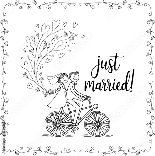Just Married: An adorable sketch depicts a newlywed couple on a bicycle, with hearts trailing behind them and the words just married! displayed in elegant calligraphy.