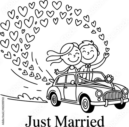 Love on Wheels: A whimsical illustration captures the joyous moment of a newlywed couple embarking on their journey of love in a vintage car, surrounded by a trail of hearts.