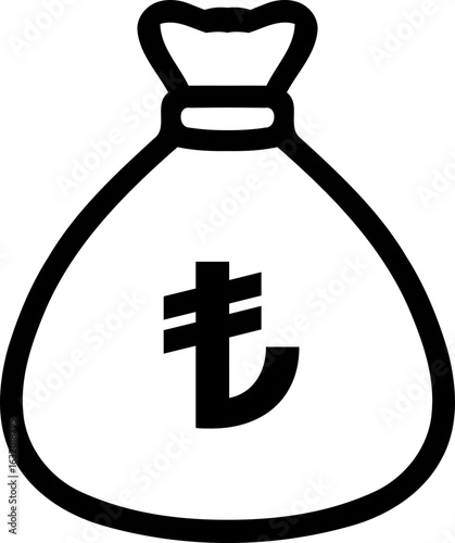 Turkish Lira money bag icon. Simple black outline symbol for finance, currency exchange, and banking. Vector illustration.