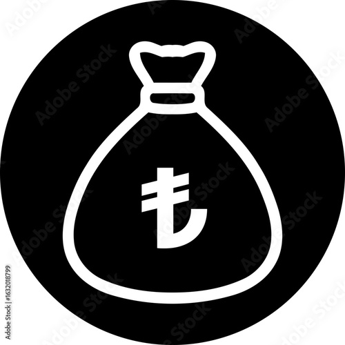 Turkish Lira money bag icon. White/Transparent glyph in a black circle. Finance and currency exchange symbol for web or app button