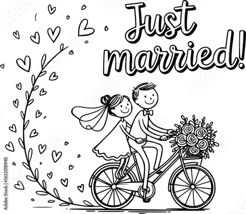 Just Married Joyride: An illustration of a newlywed couple riding a bicycle adorned with a bouquet, the phrase Just Married! beautifully handwritten.