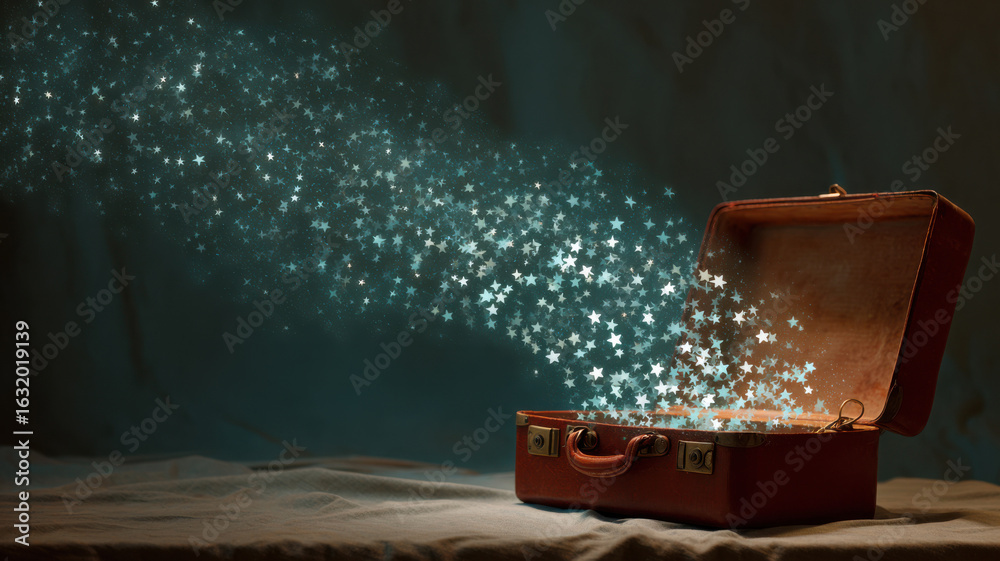 Naklejka premium Mysterious suitcase filled with sparkling lights emanating