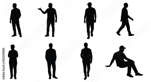 Diverse men standing and walking in various poses a silhouette. vector design. Silhouette vector design illustration
