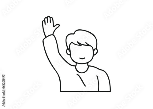A simple continuous line drawing of a young boy child enthusiastically raising his hand in a gesture of greeting or participation isolated on white background