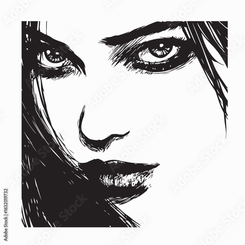 Fierce Stare of a Woman's Eyes in Vector Style on white background.
